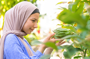 A student checking out a plant.